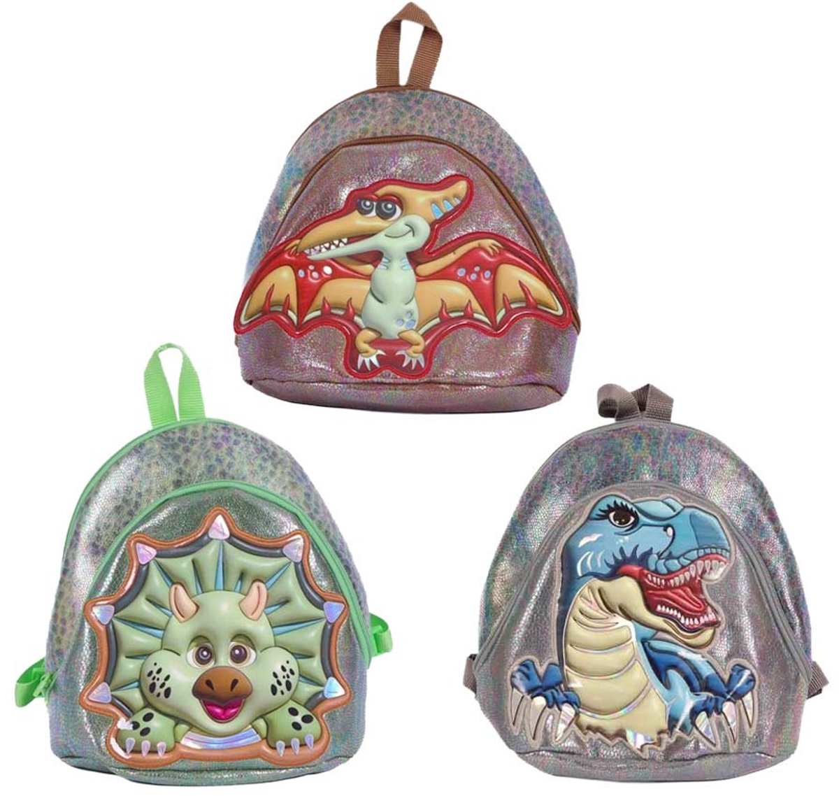 PIA Soft Toys-Set van 3 Dino rugzakken 3 ass. 30cm x 24cm x 8cm