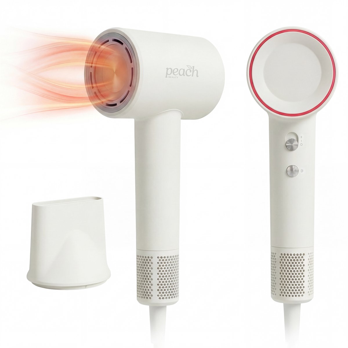 Ionische Föhn - 1600W - Ultrasnelle Droogtijd - 102.000 RPM - Incl. Magnetische Styling Nozzle - Stil in Gebruik - Ionische Technologie - Haardroger Krullen - Reisföhn - Airstyler - 27,5 x 7 x 9 cm - Wit - Peach Beauty