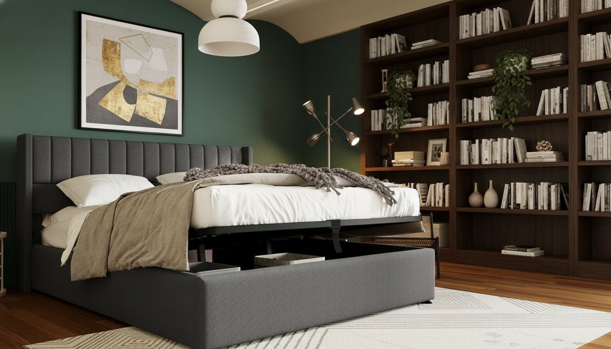 Gestoffeerd Bed 140x200 cm met Opbergruimte – Casa Velluto Luxe Tweepersoonsbed met Hydraulische Opbergbak, Lattenbodem en Gestoffeerd Hoofdbord – Modern Linnen Bedframe met Metaal Frame – Grijs