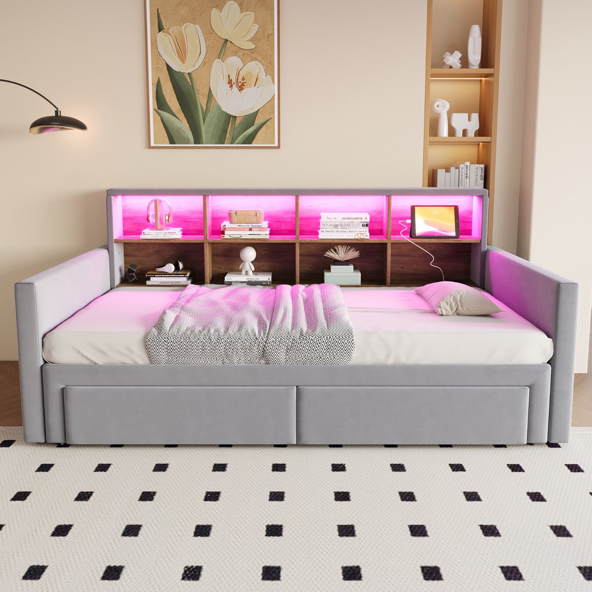 HAUSS SPOLE Gestoffeerd Bed 90x190cm - Uitschuifbaar Slaapbankbed 90 Naar 180 - Met LED En Stopcontacten - Met Opberglades - Met Lattenbodem - Zonder matras - Lichtgrijs