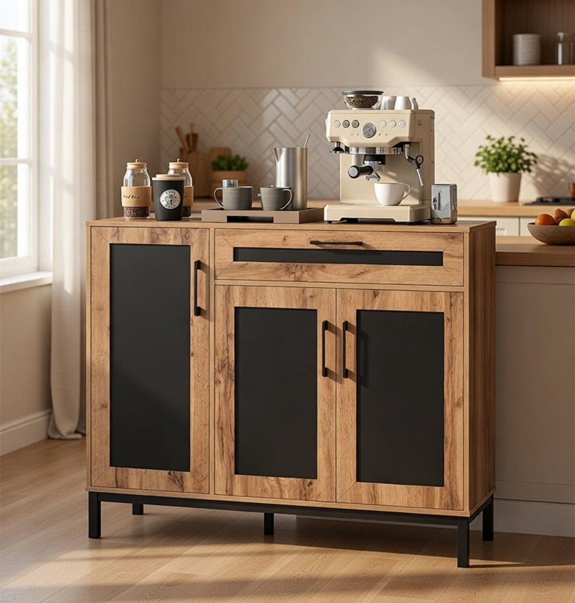 Modern Sideboard Buffetschrank – Houten Opbergkast met 3 Deuren, 1 Lade en Verstelbare Planken – 120 x 41 x 95 cm – Keuken- en Eetkamerkast in Natuurlijk Hout + Zwart Novihome