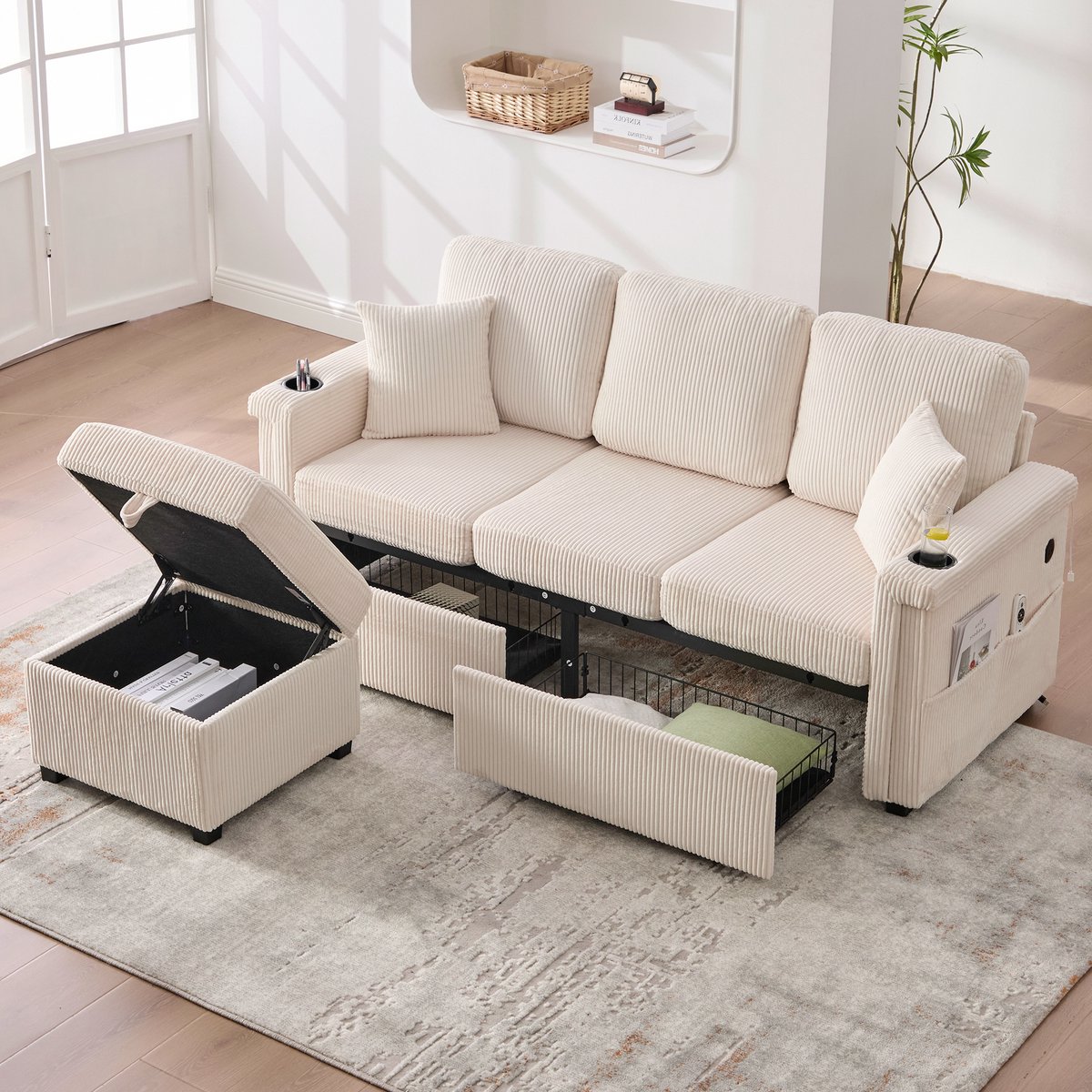 HAUSS SPOLE Hoekbank - Modulaire Bank Met LED & USB Type-C - Met Opberglades En Zijvakken