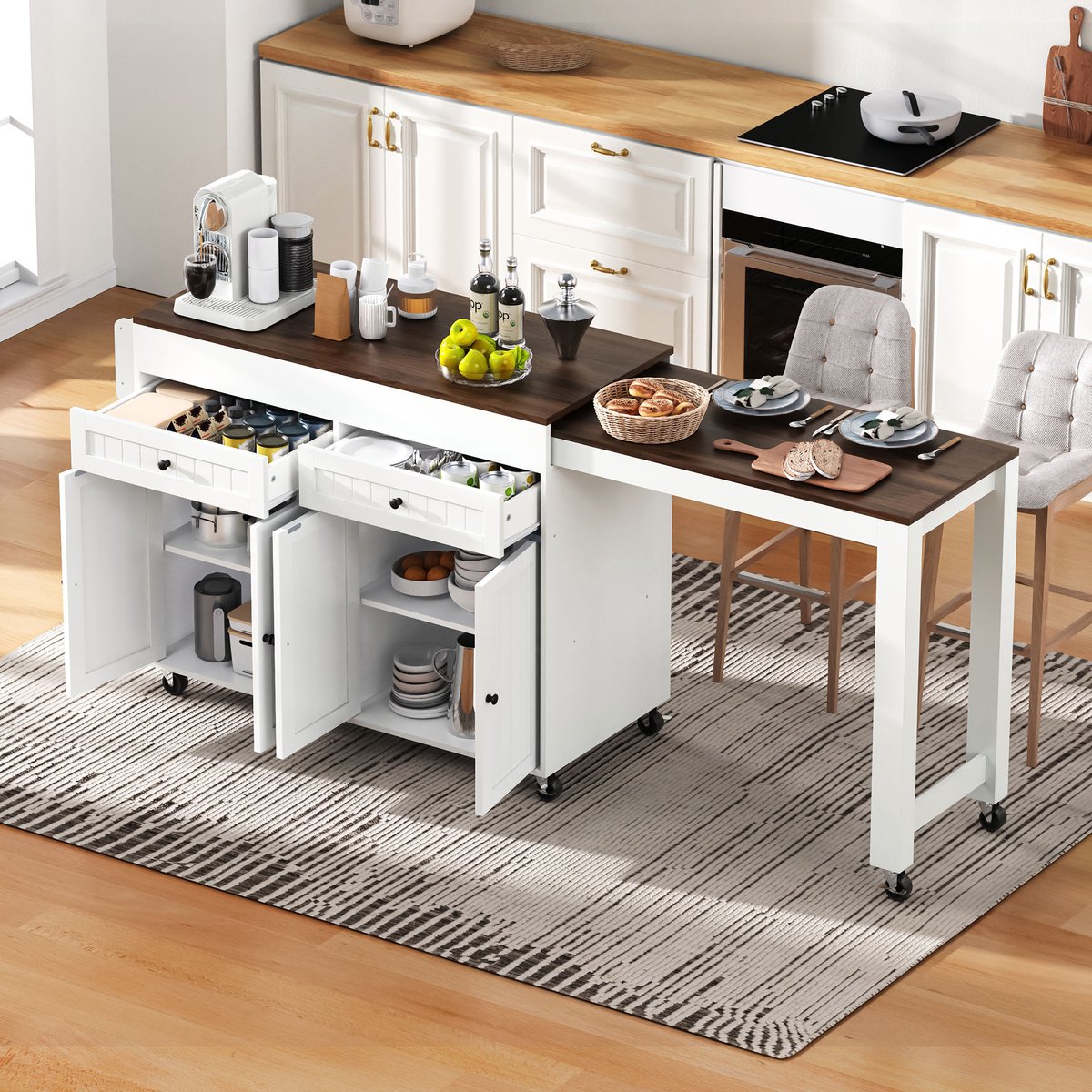 HAUSS SPOLE Keukeneiland Op Wielen Met Uittrekbaar Werkblad En Lades - 112-180.5x45x92.2 Cm - MDF - Wit Walnoot