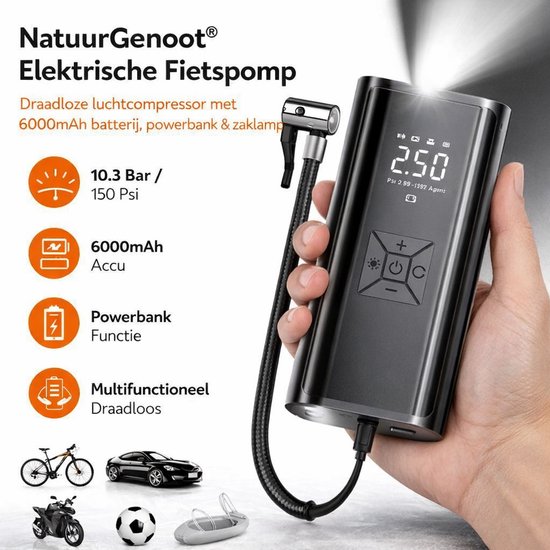 NatuurGenoot® Elektrische Fietspomp-Draagbare Luchtcompressor-6000 mAh Batterij-Powerbank functie-Zaklamp-Draadloos- Fiets/Auto/Motor/Bal/Luchtbed-Zwart van NatuurGenoot® — afbeelding 2