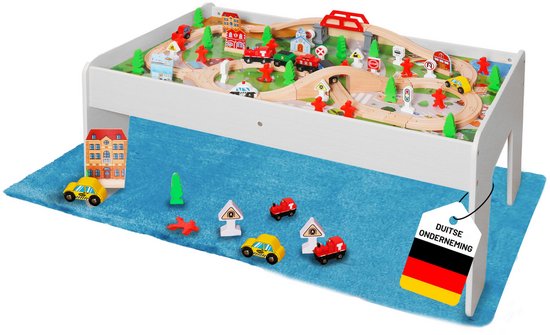 Coemo speeltafel met houten spoorweg, 90 onderdelen, rails, trein, huisjes, multifunctionele tafel voor kinderen, wit