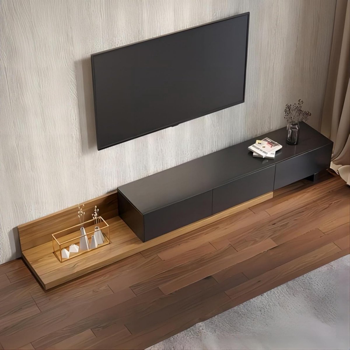 Uitschuifbaar TV-meubel 200–279,4 cm met 3 Lades – Modern Entertainment Center voor TV tot 120 Inch – Zwart & Walnoot – 279,4 x 39,12 x 32 cm – Abkantoor