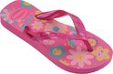Tongs Havaianas roses avec imprimé floral et d'abeilles, brides brillantes.