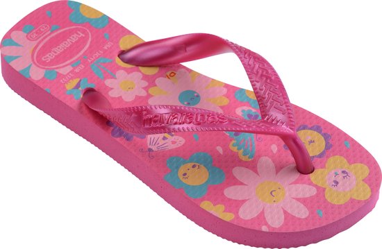 Tongs Havaianas roses avec imprimé floral et d'abeilles, brides brillantes.
