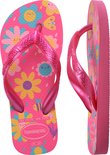 Tongs Havaianas roses avec imprimé de fleurs et d'abeilles, brides brillantes.