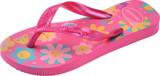 Tongs Havaianas roses avec imprimé floral et d'abeilles, brides brillantes.