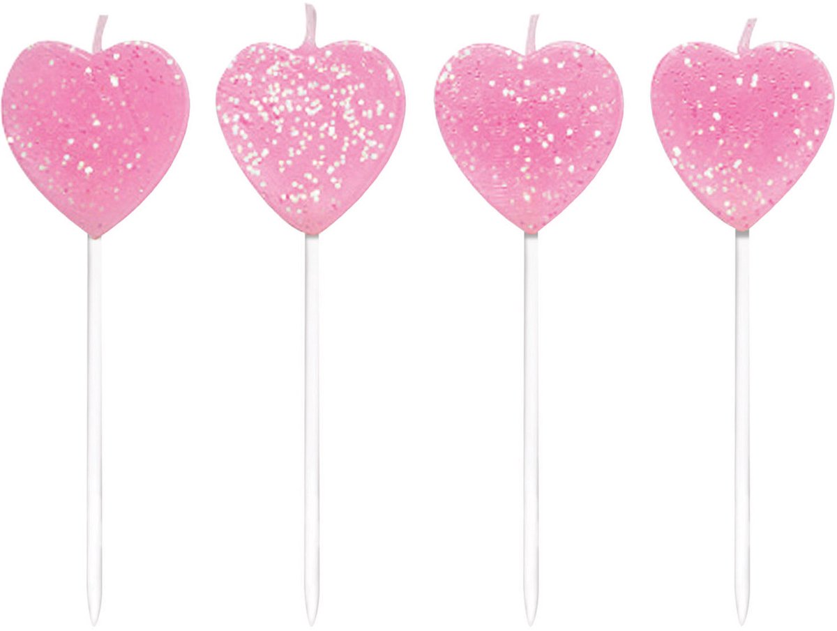 ANNIVERSARY HOUSE - 10 roze hartvormige glitterkaarsen op prikkers, 7 cm