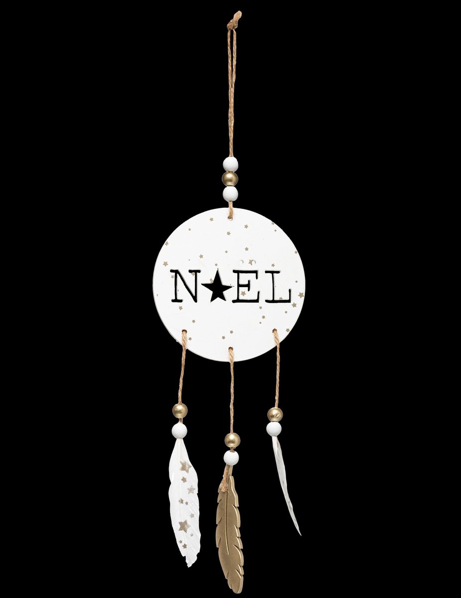 JJA - Houten kersthangdecoratie boho en veren 28 cm wit en goud