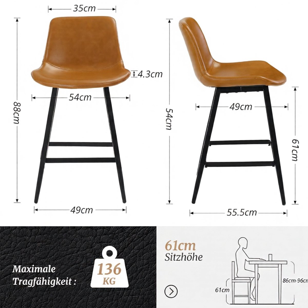 Barkrukken Set van 2 – House&Garden Moderne Barstoelen Whiskey Bruin – Kunstleren Zitting met Rugleuning – 61 cm Hoog – 4 Metalen Poten – Keuken- en Toonbankstoelen – Comfortabel & Ergonomisch