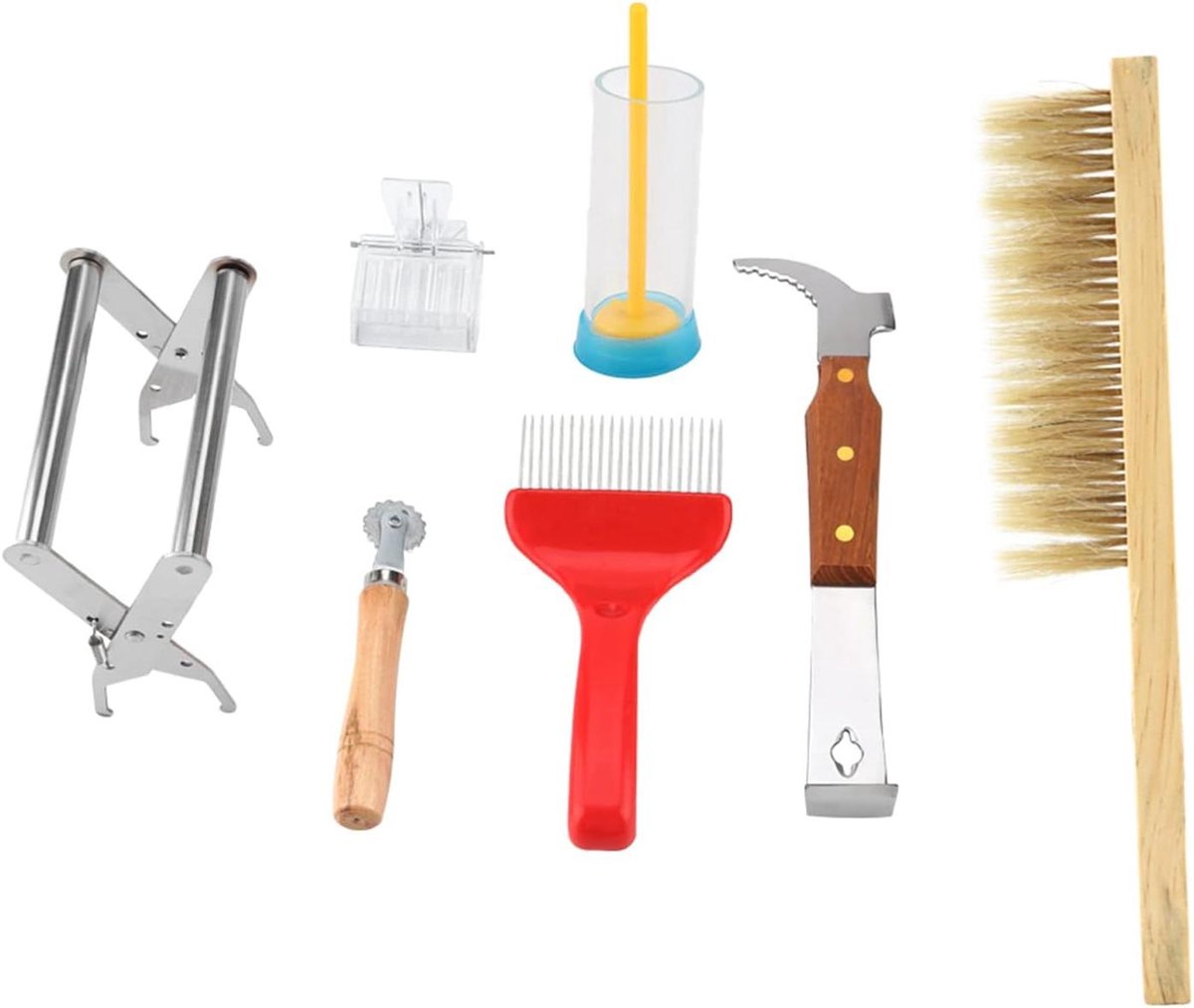 Allecto - Imker Gereedschapsset - Bijen - RVS Framehouder - Houten Handvat - Bijenkast - 7-delig, Bijenborstel, Ontzegelvork, 41cm Borstel, Koninginnenkooi, Bijenkastschraper
