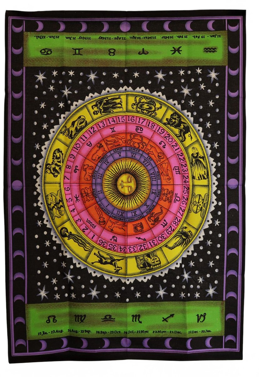 Ancient Wisdom Wandkleed - Katoenen wanddecoratie 70x110cm - dierenriem - muurdecoratie - interieur - bohemian - kunst Multicolor