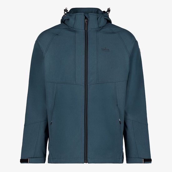 Blauwe Kjelvik softshell jas, voorkant met capuchon, rits en logo.