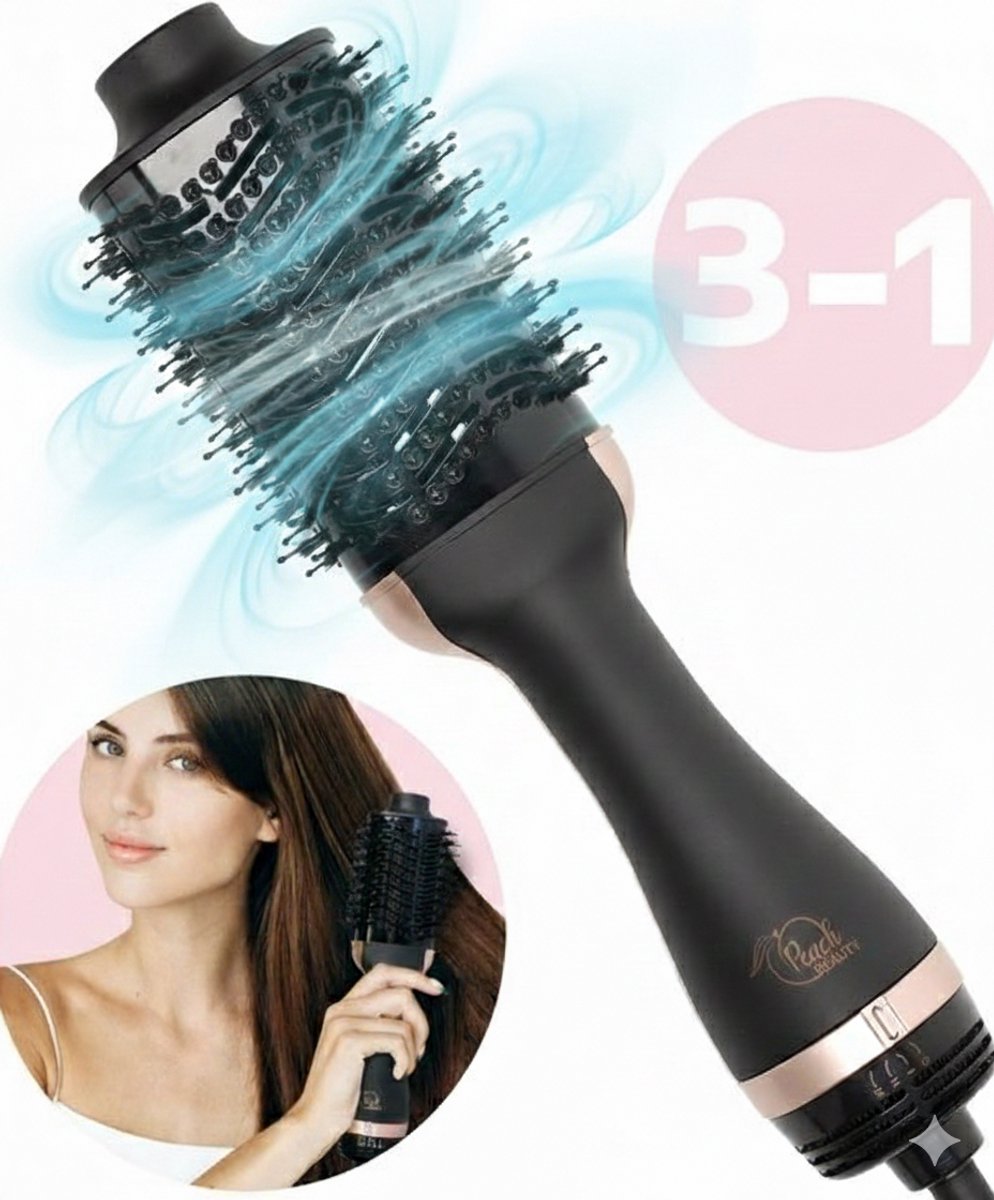 Föhnborstel 3-in-1 - Haarborstel Electrisch - Stijlborstel - Warme luchtborstel - Krulborstel Airstyler - Stijlen, Krullen en Extra Volume - Multistyler - Krulborstel - Warmteborstel - Zwart - Peach Beauty