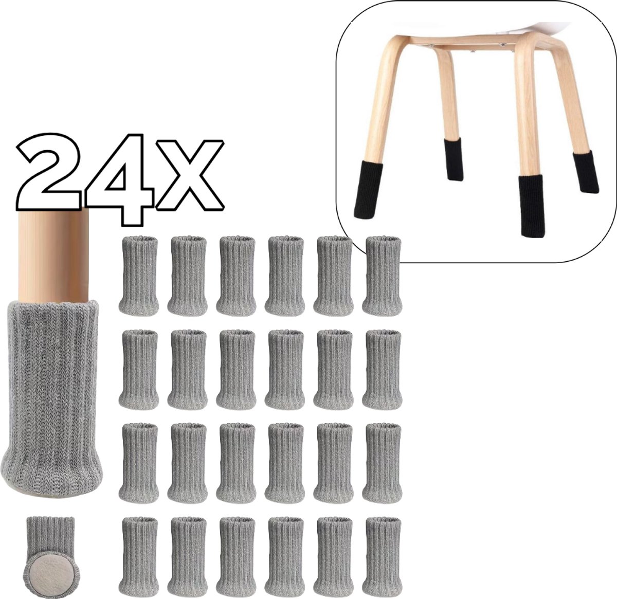 MAINIUS Stoelpoot Beschermers 24 stuks – Gebreide Stoelsokken met Vilt – Anti-Kras & Geluiddempend – Voor Stoelen, Tafels & Zetels – Vloerbescherming Parket, Laminaat & Tegels - Meubelpoot - Grijs