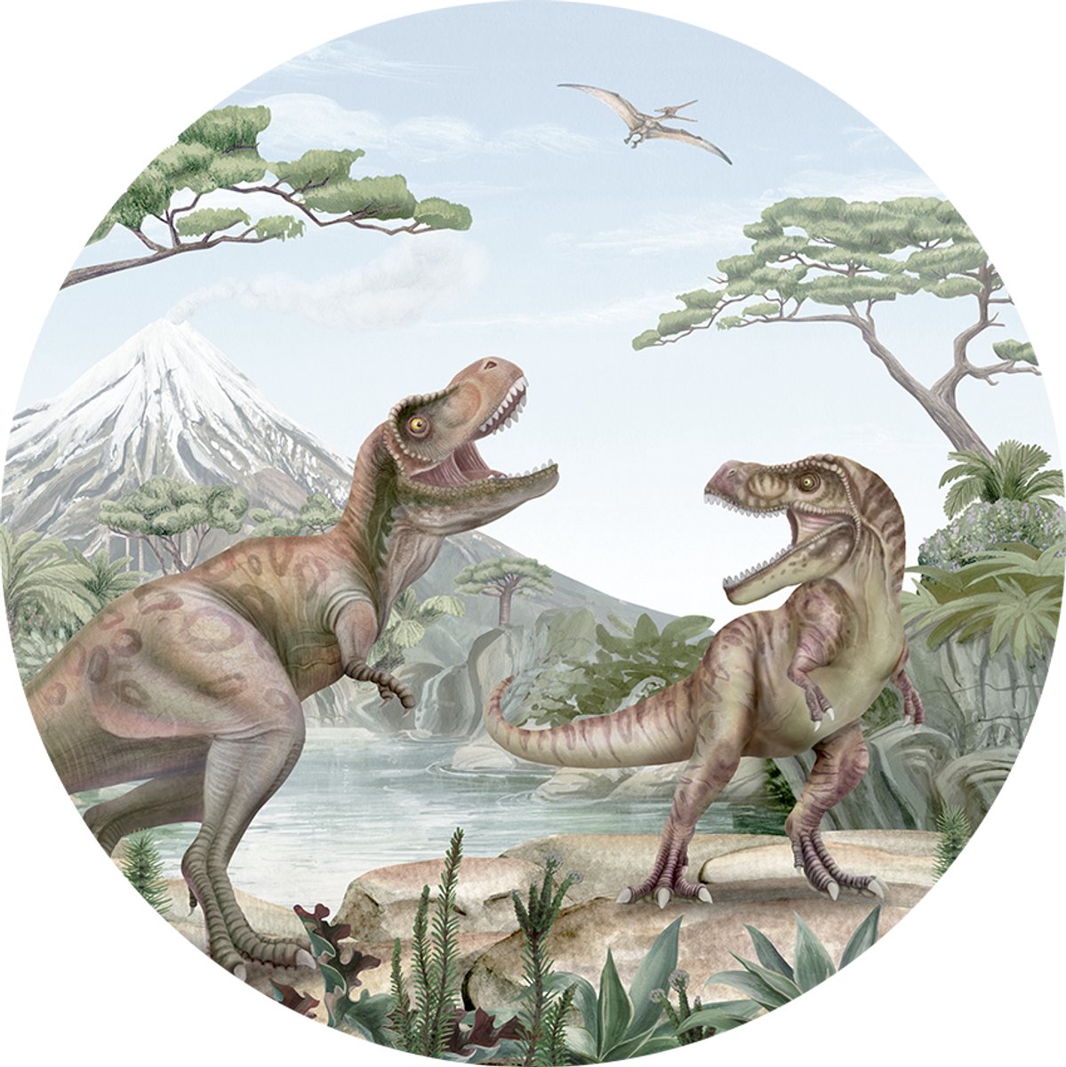 Muurcirkel - Behangcirkel - Kinderkamer - Stoere jongenskamer - Terrific Trex - dino's - ø 100 cm - Wanddecoratie