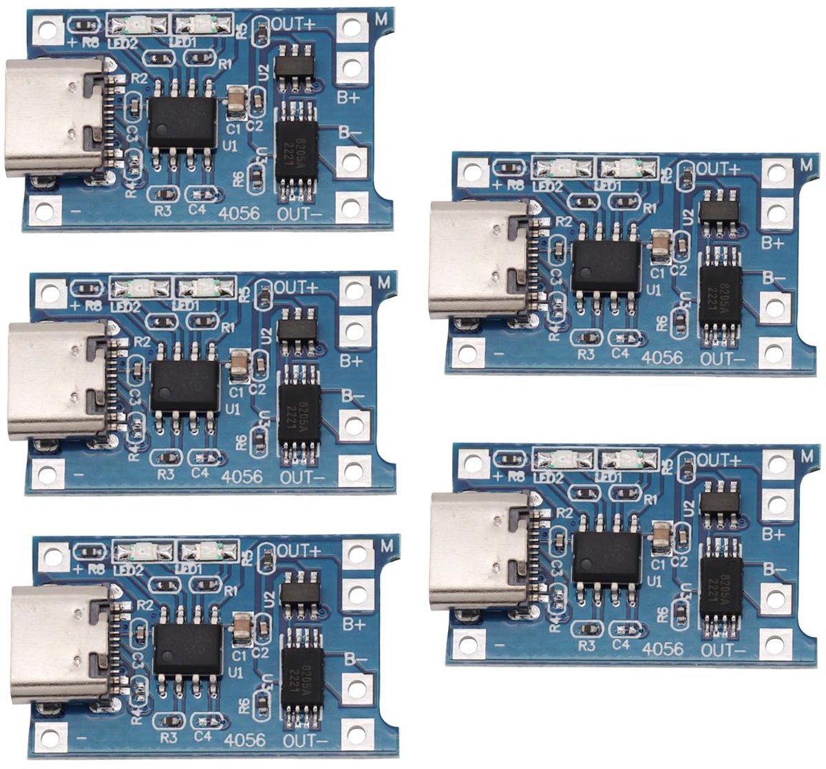 5x Type-C USB Lader Module voor 18650 Lithium Batterij met Dubbele Bescherming