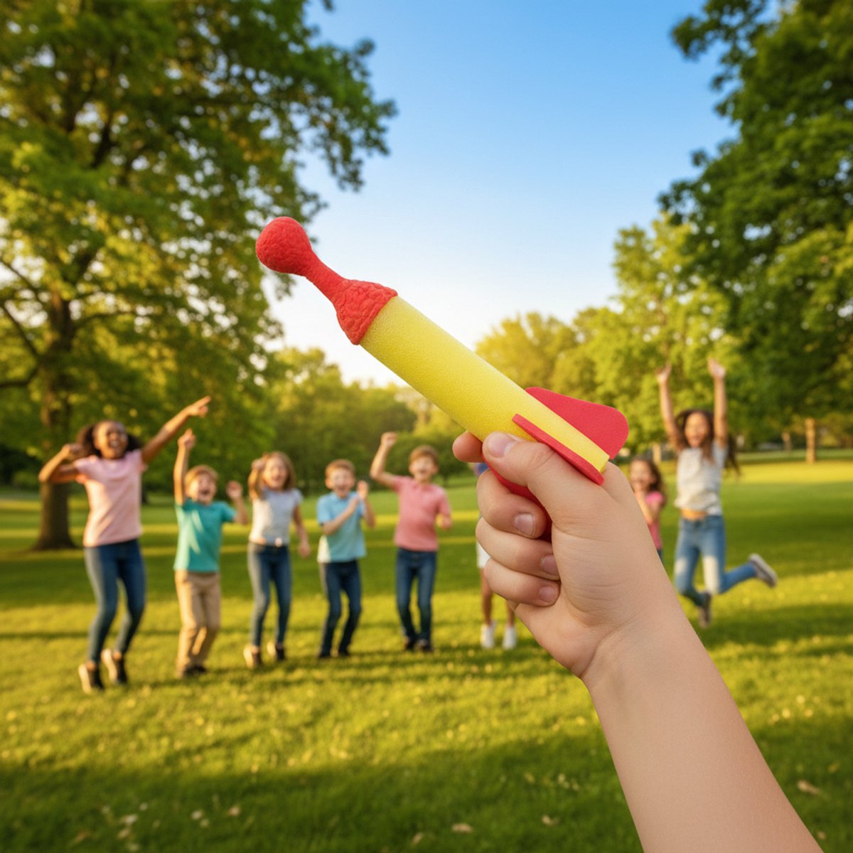 Eddy Toys raket katapult 15 cm - uitdeelcadeau voor kinderen - lichtgewicht en eenvoudig te gebruiken - geschikt voor binnen en buiten - geel/rood - materiaal rubber