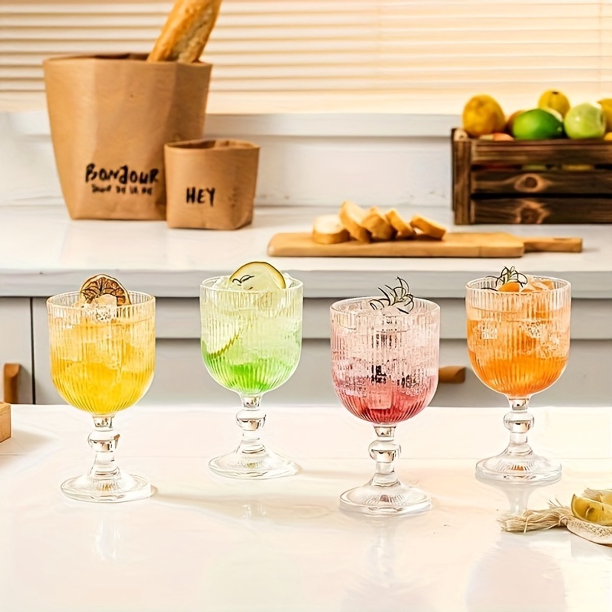 6 stuks vintage wijnglazen, 370ml/12.5oz Ripple Drinkware met reliëf,