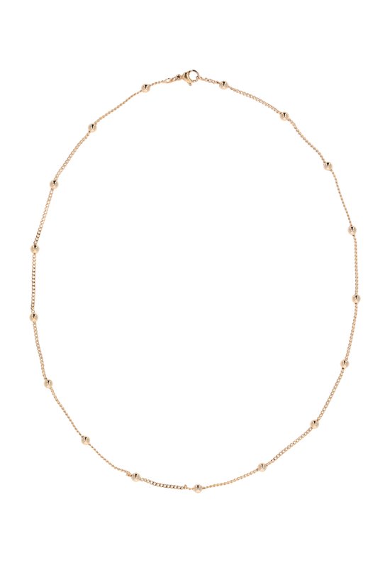 Gouden ketting met kleine gouden balletjes en schakels, weergegeven in een cirkel.