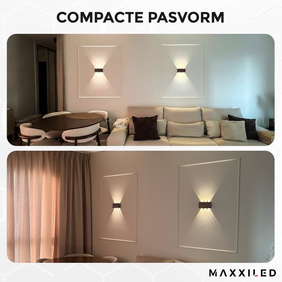 Twee foto's van een woonkamer met MAXXILED wandlampen, die de compacte pasvorm benadrukken.