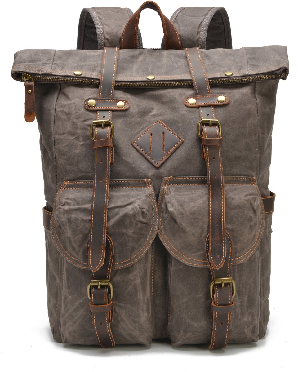DE LAMASSU® Vintage Canvas Rugzak 45 cm – Unisex Laptop Rugtas 25L – Gewaxed Canvas met Echt Leer – Waterafstotend