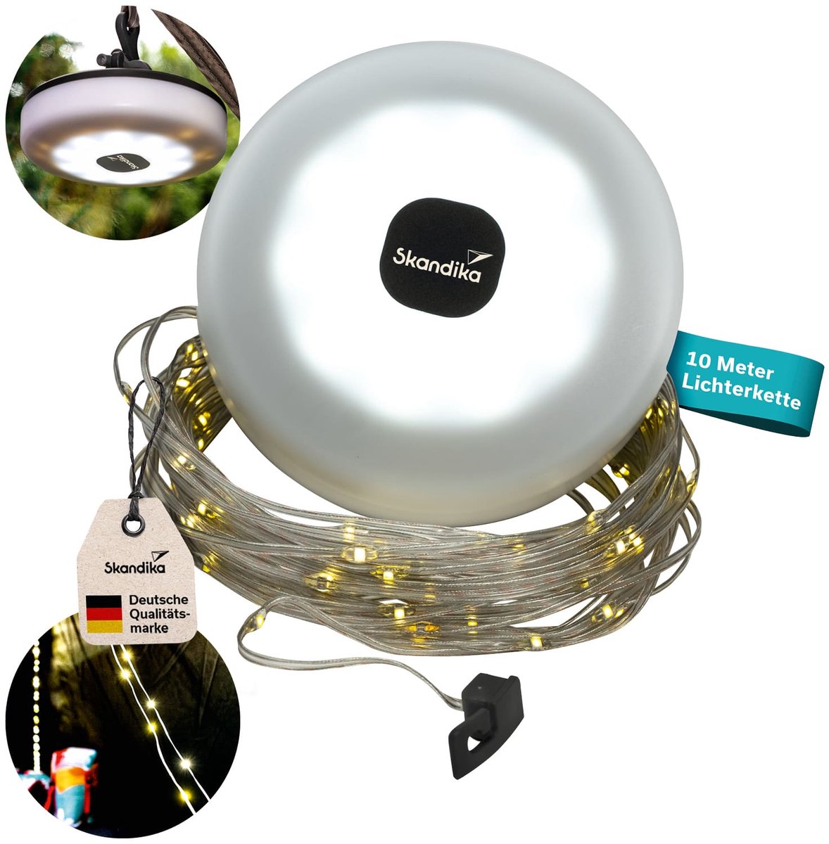 Skandika campinglamp Glittra - oplaadbare LED-lamp, 10 m LED-band, tot 210 lumen, met USB Type-C laadkabel, 1800 mAh, 2 lichtkleuren, 5 lichtmodi | Lantaarn voor camping, outdoor, wandelen