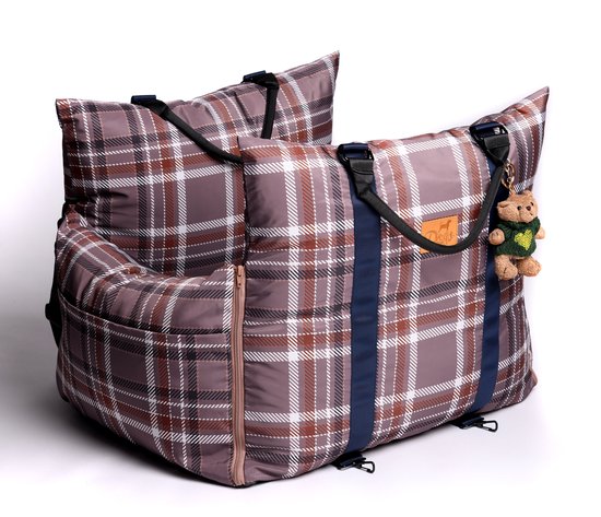 Siège auto Chiens de Luxe Dogs&Co Royal+ Brown Checkered édition limitée - Imperméable - Panier pour chien très luxueux pour la voiture - Taille unique - Siège auto pour chien confortable