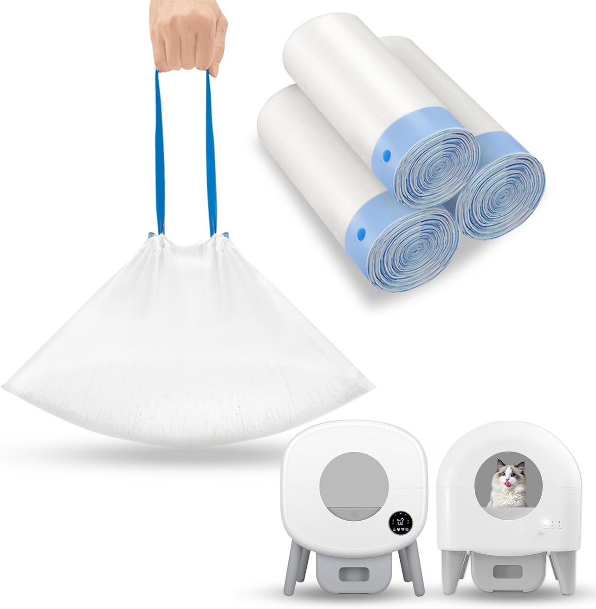 Kattenbakzakken met trekkoord - 60 stuks - scheurvast - zwaar belastbaar - lekvrij - compatibel met Fumoi en Fsitego - dikke HDPE kattenbakvoeringen voor zelfreinigende kattenbakken