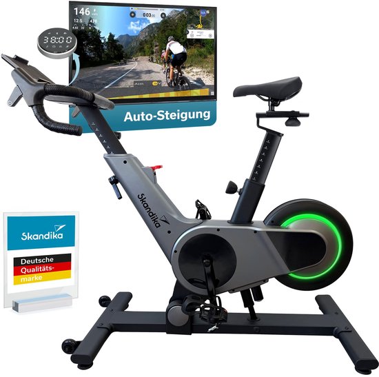 Skandika Spinning Bike Indoor Kliva 500-S - Hometrainer fiets SMART met LED, helling in 16 niveaus, magneetrem met 32 niveaus, 3 programma’s, Bluetooth Kinomap app compatibel, tot 150 kg, speedbike