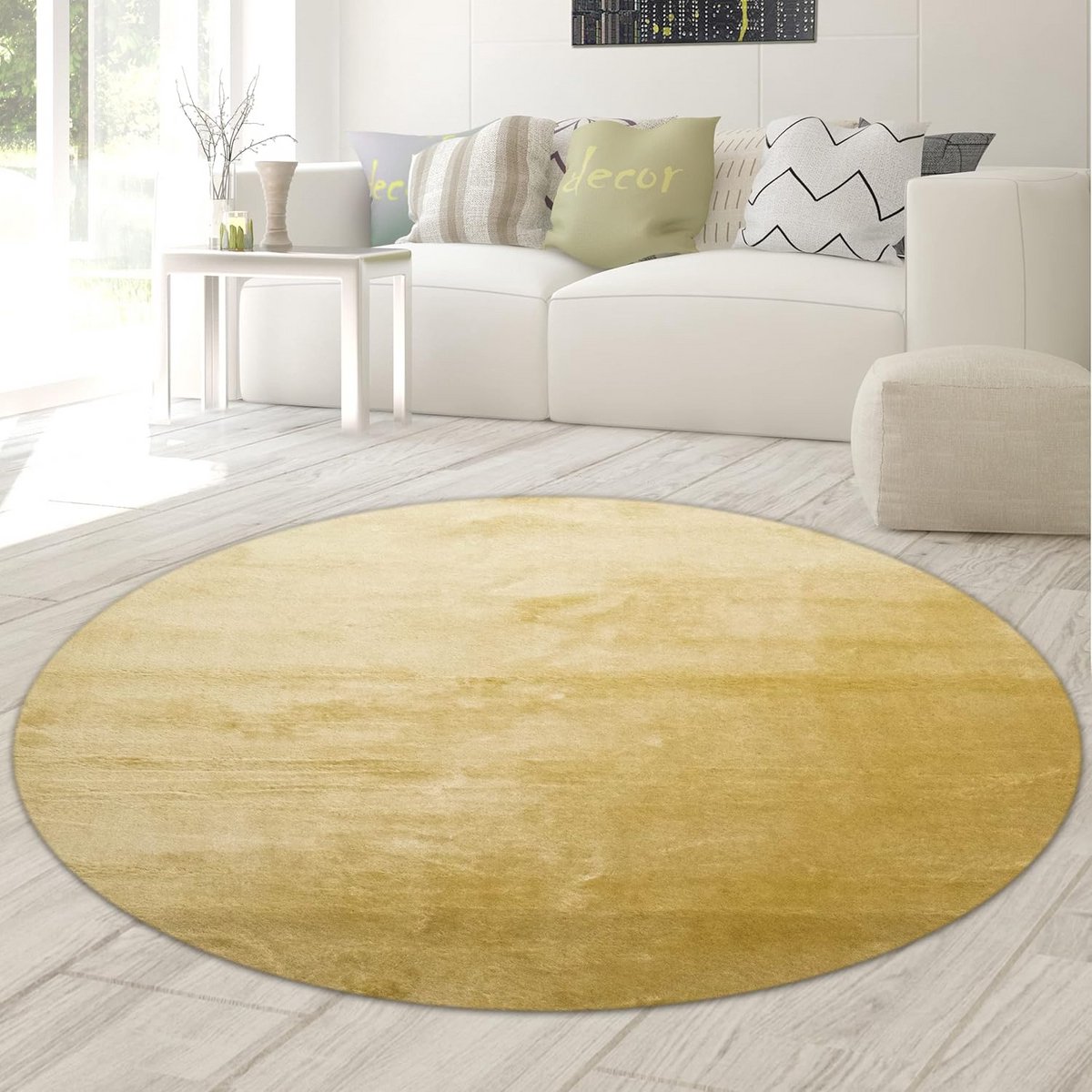Rond tapijt goud 200 cm – zacht polyester woonkamertapijt met 16 mm pool, wasbaar & geschi