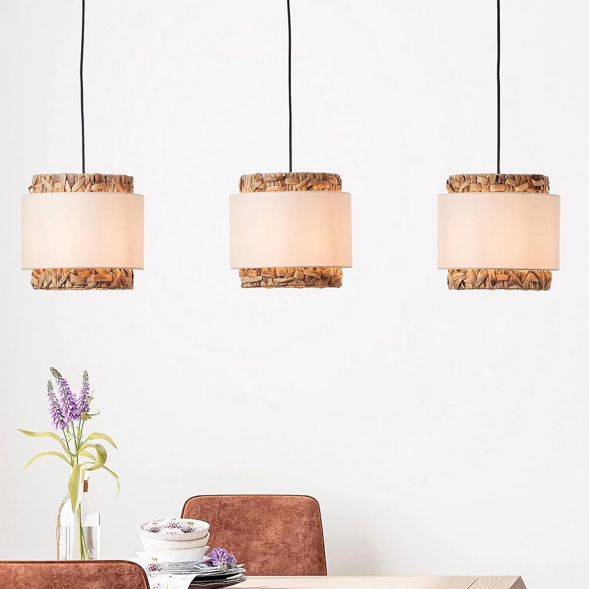 Inkortbare hanglamp met Waterhyacint en Stoffen Kap voor Boven de Eettafel