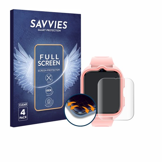 Roze smartwatch met verpakking van Savvies 'Full Screen' screenprotector en een screenprotector.