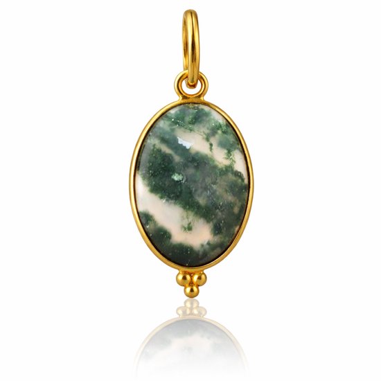 Pendentif doré avec agate mousse ovale verte et blanche.