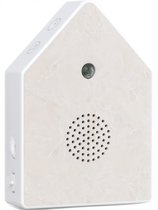 Wit marmeren geluidshuisje met groene sensor en ronde speaker. Details met knoppen aan de zijkant.