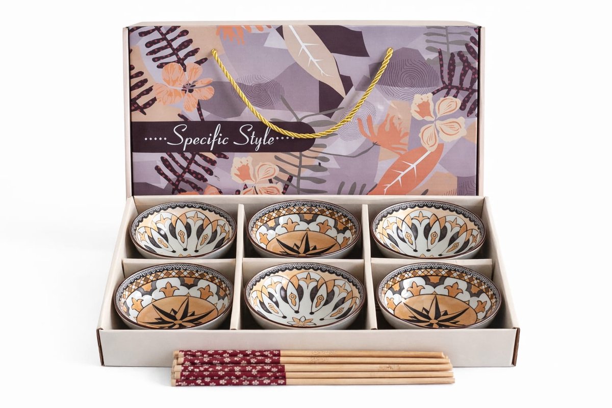 6 Keramische kommen met eetstokjes - Bohemian - cadeauverpakking - giftset - set - schaaltjes - kommetjes - serviesset - tapas, rijst, sushi - keramiek - porselein - rijstkom - sushikom - decoratief servies - Boheems - Boho - Mandala - Japans