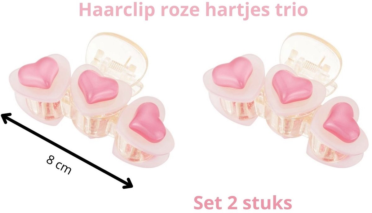 YWG - Haarclip roze hartjes trio - 8 cm - SET 2 Stuks