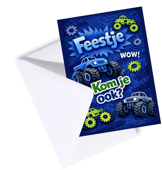 Feestje WOW! Kom je ook? Kaart met blauwe, grijze en gele monstertrucks op blauwe achtergrond met tandwielen en bandensporen.