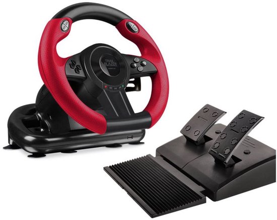 Zwart race stuur met rode grip en aparte pedalen.