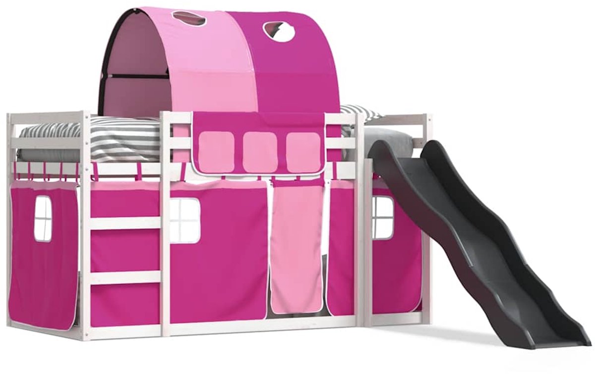 vidaXL - Stapelbed - met - glijbaan - en - gordijnen - roze - 90x200 - cm