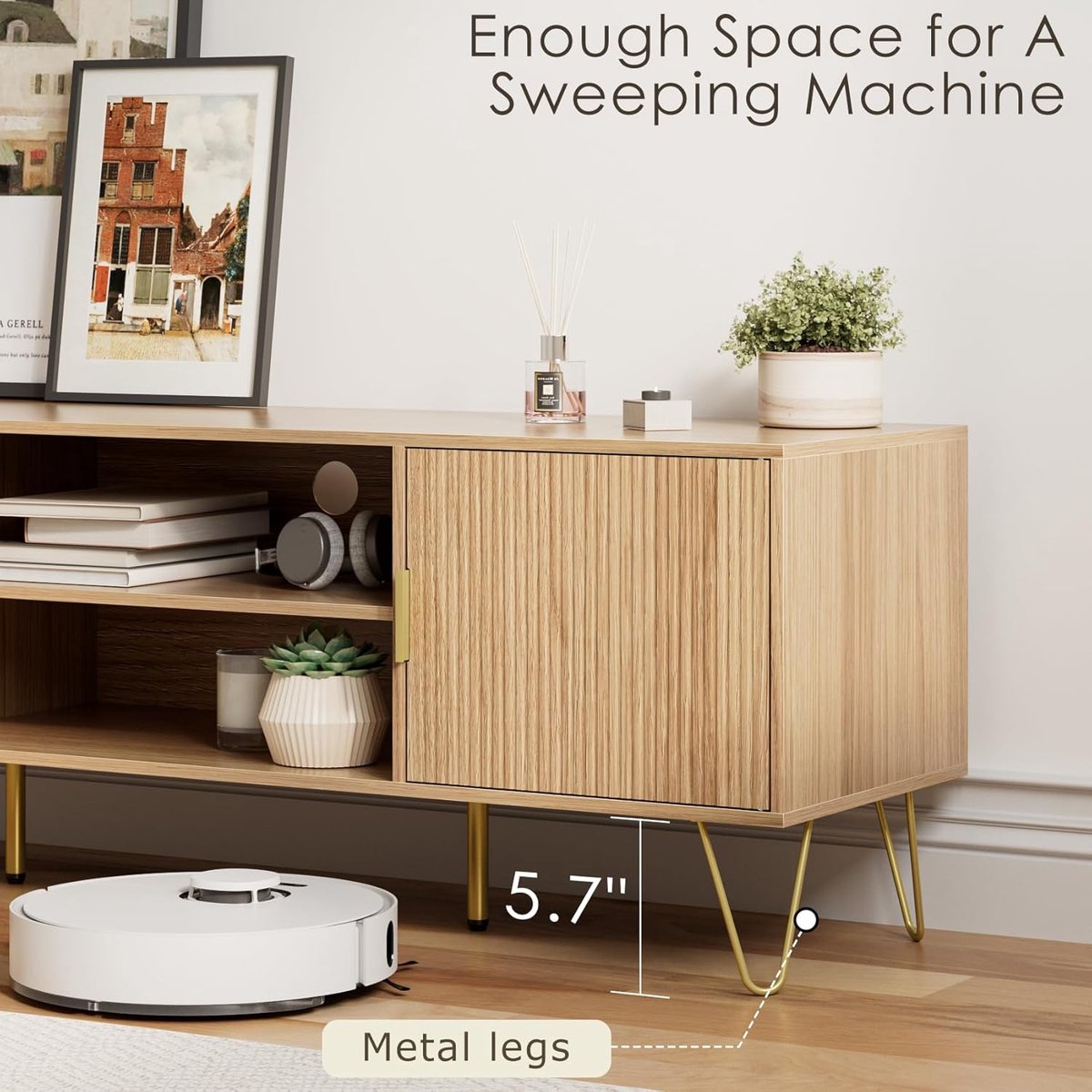 TV-meubel 137x38x48 cm – Lage TV-kast voor 55-65 inch – 2-deurs dressoir met opbergruimte en open vakken – Eiken – Abkantoor