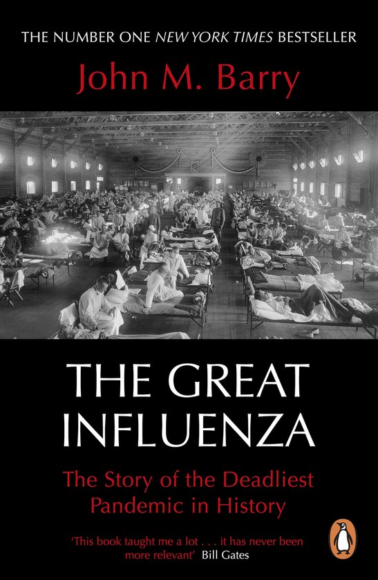 Couverture du livre 'The Great Influenza' avec une image d'un hôpital de campagne rempli de patients.