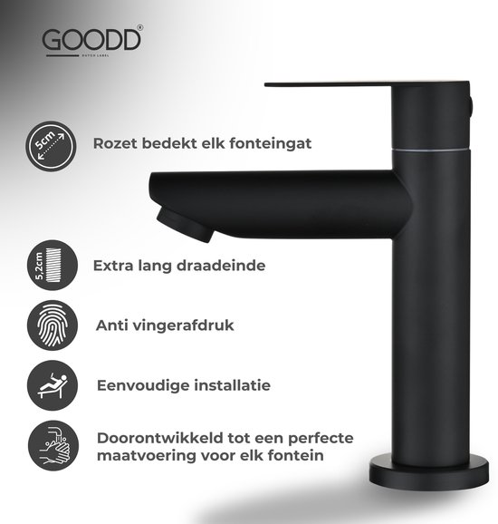 BaderiQ® - Robinet de fontaine - Robinet de WC - Robinet de WC - BaderiQ Toulon - Noir mat - 18 cm - Robinet monocommande - Eau froide