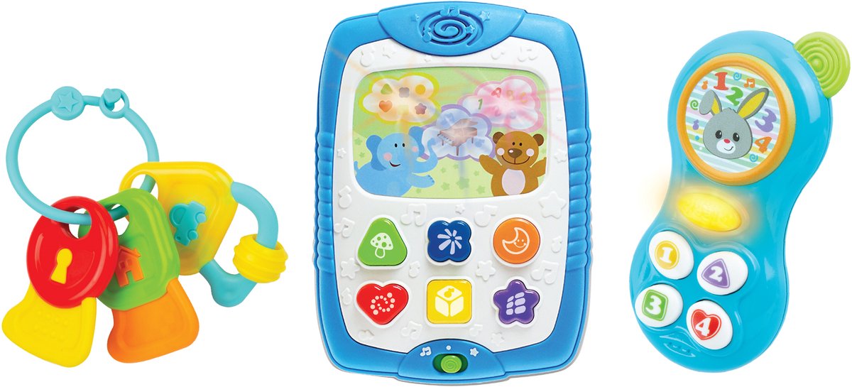 WINFUN Tech-Star babycadeauset met leuke geluiden, melodieën, knipperlicht en 3 getextureerde bijtsleuteltjes
