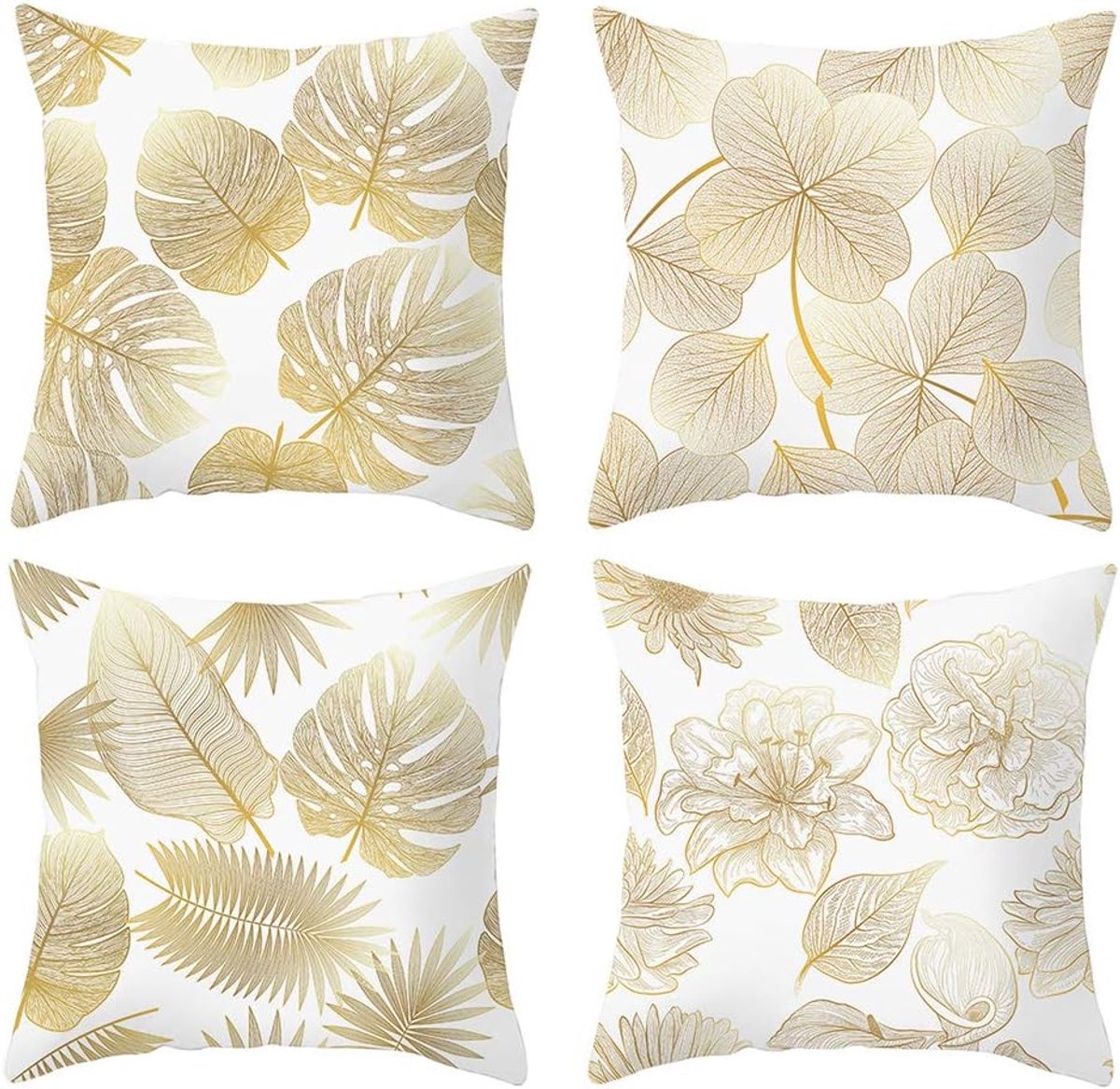 Famanu Kussenslopen 45 x 45 cm - 4 decoratieve kussenslopen voor bank - fluweel - eenvoudig en decoratief - bladkussens voor slaapbank - slaapkamer - auto Leaves gold 02