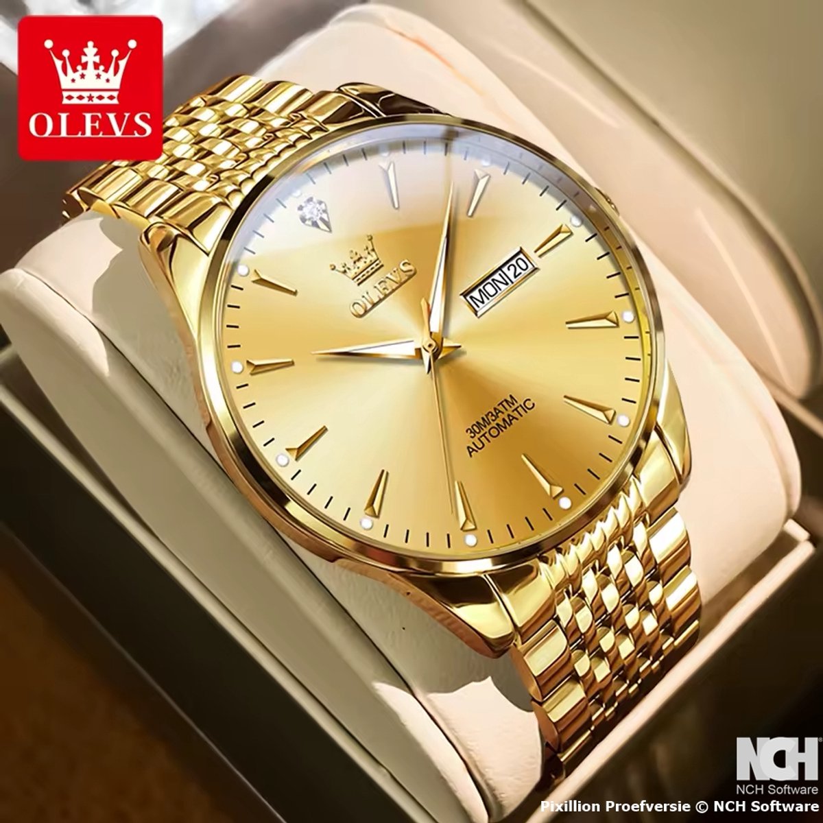 HO-6635.g : Olevs goudkleurig tourbillon-mechanisch edelstaal heren horloge, 30ATM-3BAR, luminiscerend, dagnaam, kalenderdag