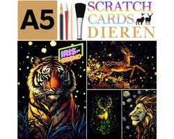 Ainy - Glow in the Dark Scratch Art Wilde Dieren (A5) | 4 krastekening incl kras pen | Kras tekeningen | Schilderen op kleuren kunst kraskaart |…